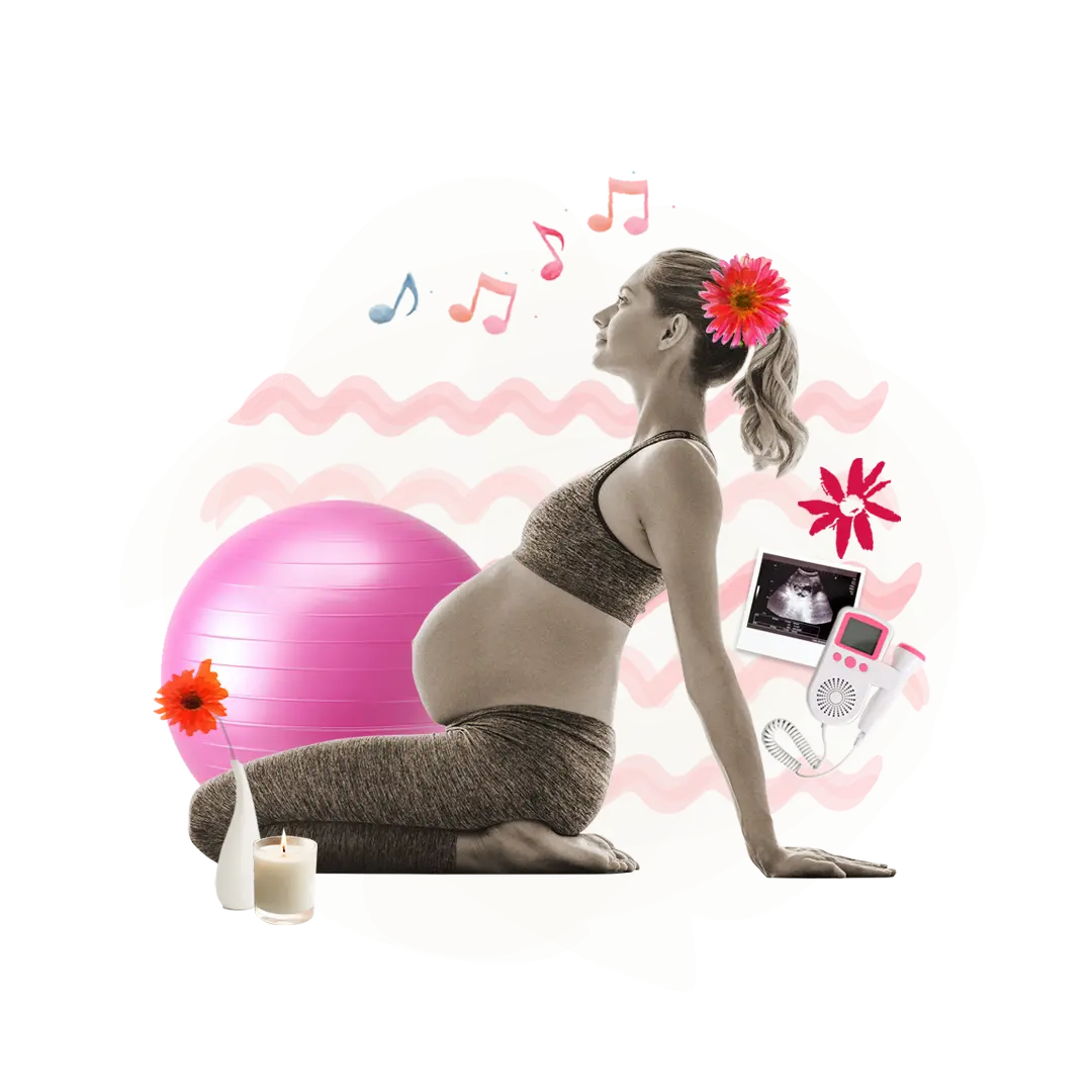 Collage-style image of a heavily pregnant woman sitting in a comfortable pose.
