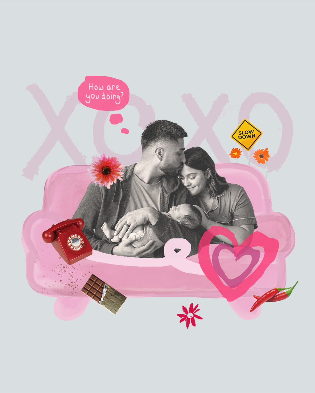 Collage-style image of a couple cuddling on a couch