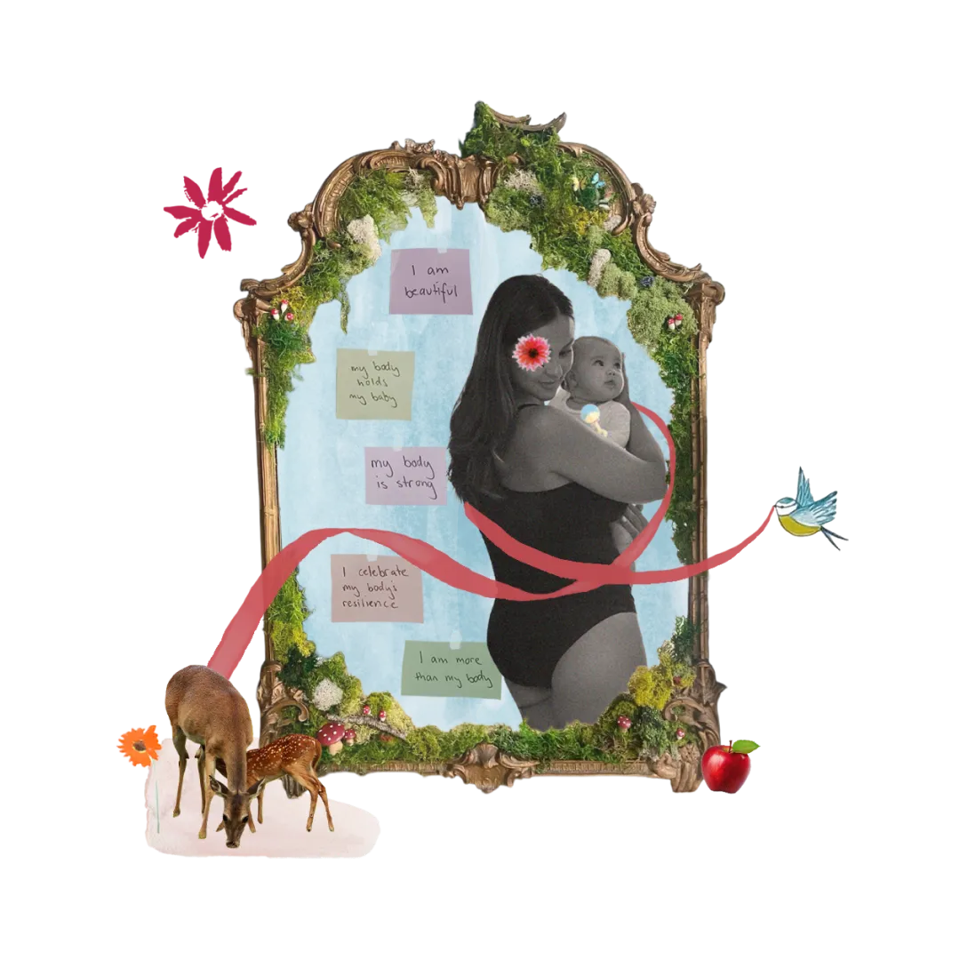 Collage-style image of a couple holding each other with pink and blue gender reveal items around them.