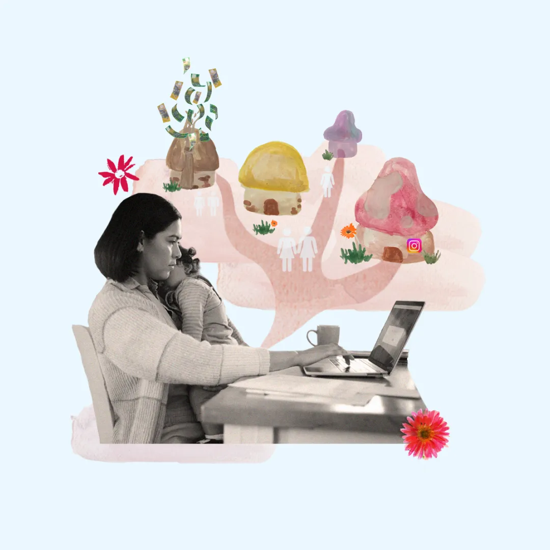 Collage-style image of a mother holding her baby while working at her desk. 