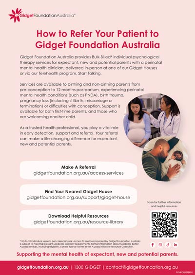 Poster guiding health professionals to how to refer patients to Gidget Foundation Australia, designed to display health-care settings.