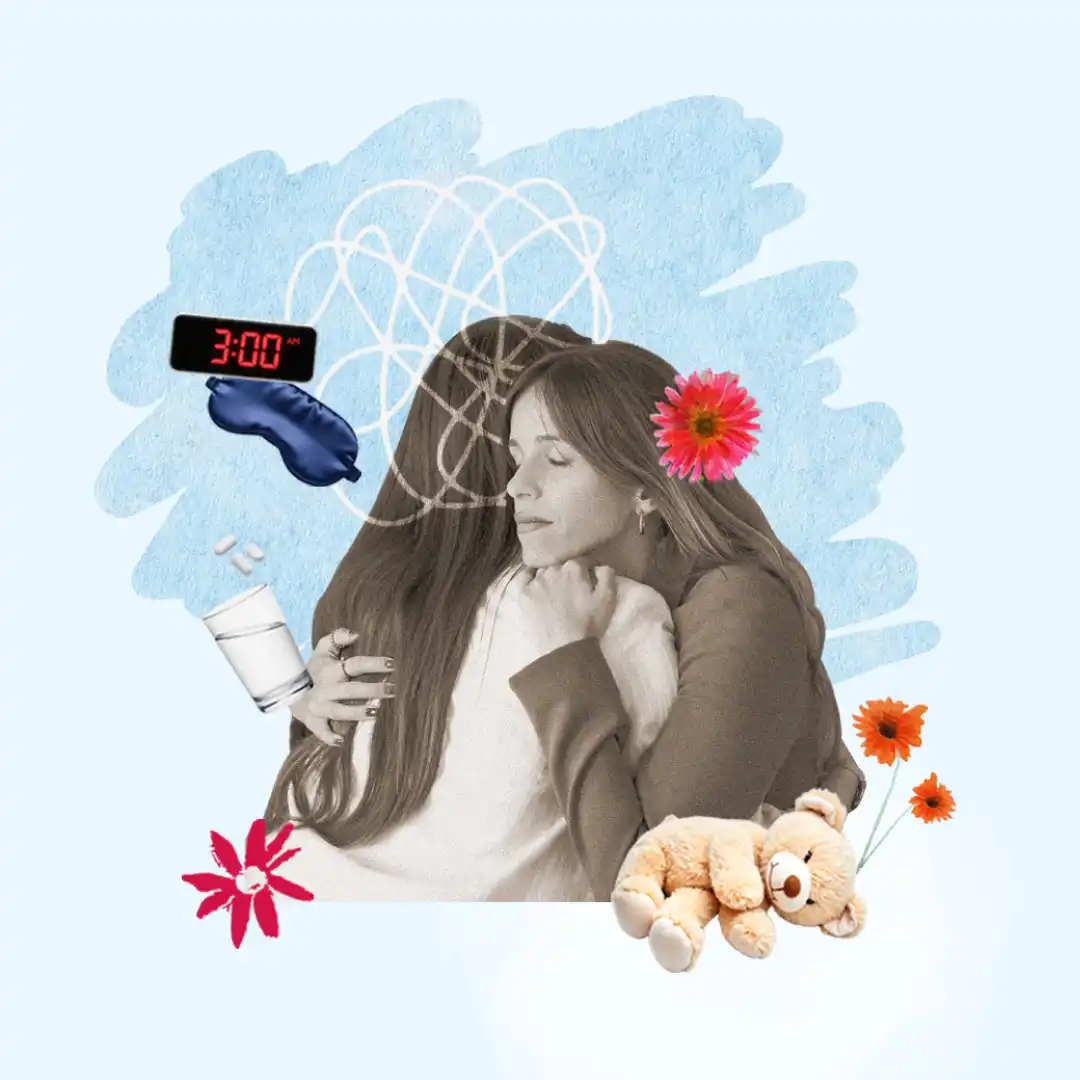 Collage-style image of two friends hugging.