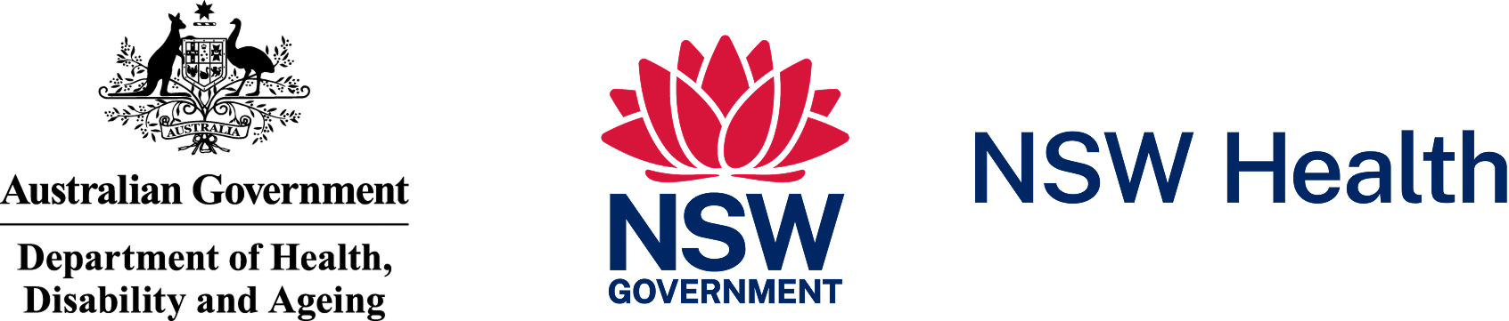 Logos for the Department of Health,  Disability and Ageing, the NSW Governmnet and NSW Health