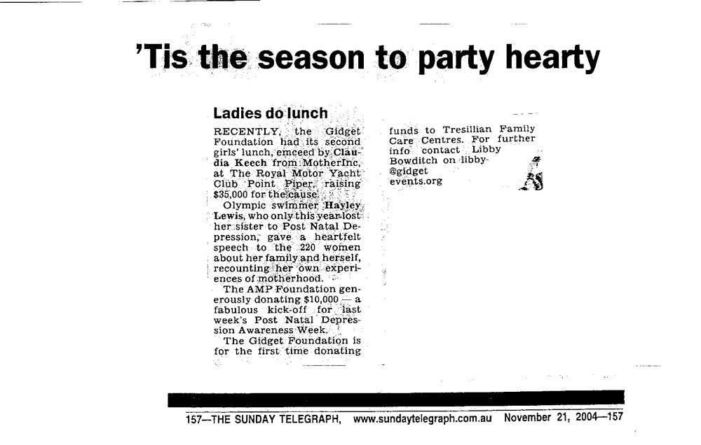 Newspaper clipping titled '’Tis the season to party hearty' about Gidget Foundation's lunch fundraiser.