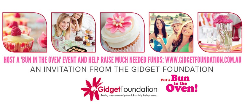 Invitation for Bun in the Oven event by Gidget Foundation with cupcakes, women smiling, and flowers.