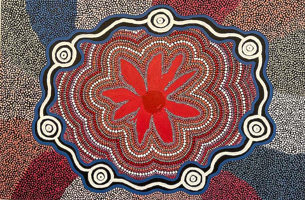 Aboriginal-style dot painting with a red gerbera at the center surrounded by concentric circles and patterns.