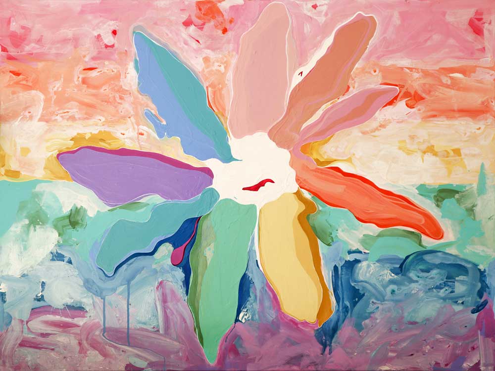 Abstract painting of a gerbera with multicolored petals against a pastel pink, orange, and blue background.