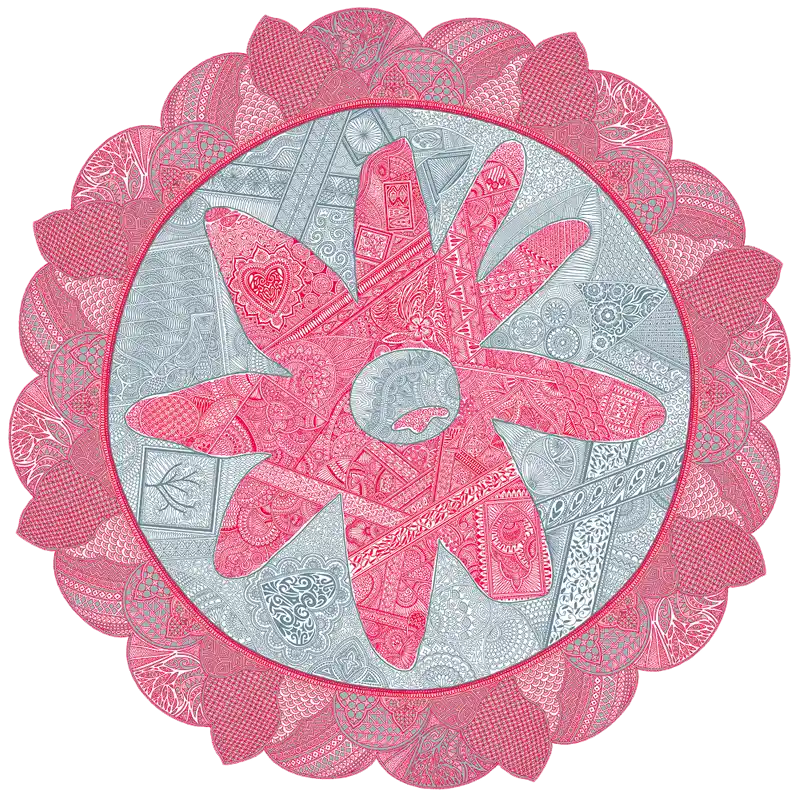 Circular mandala with pink and gray floral and geometric patterns in layered petal shapes.