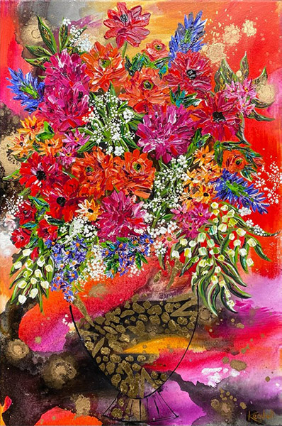 Mixed media painting of a bright bunch of flowers by artist Kendall
