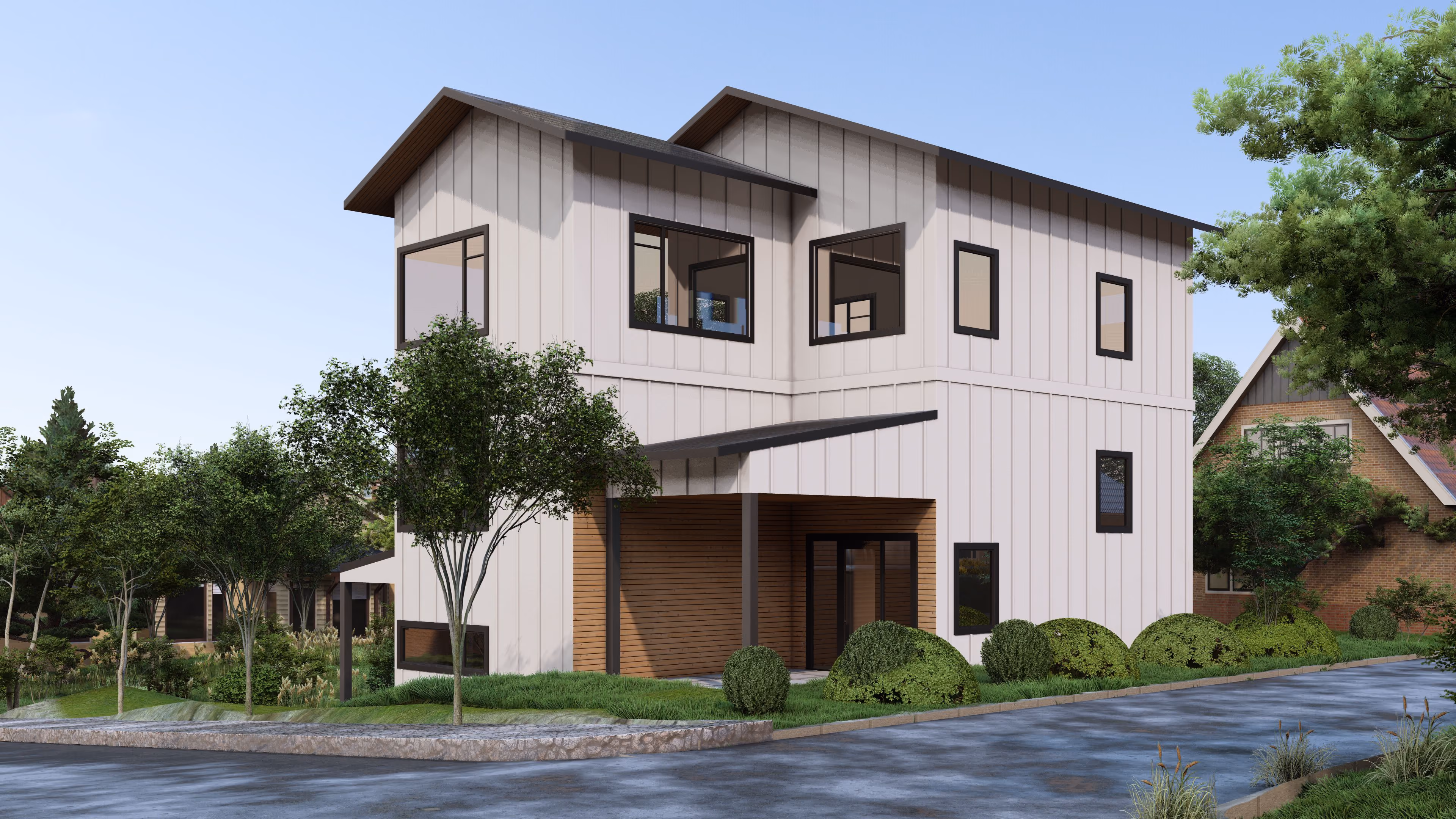 Rendering of a modern single-family home with garage, viewed from the street