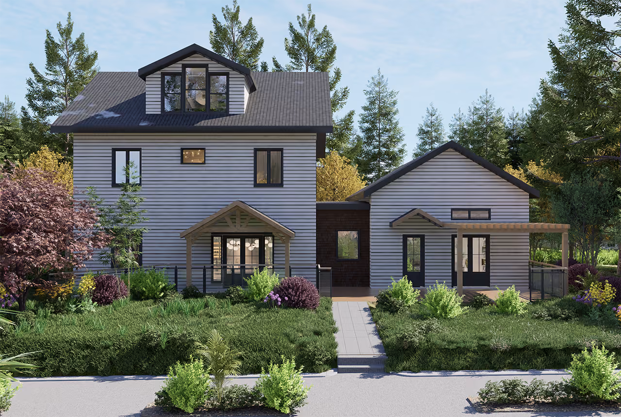 Rendering of a modern two-story farmhouse-style home with gray siding, gable roof, and landscaped front yard
