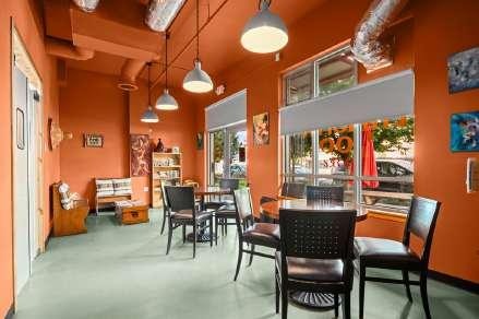 Detail of interior finishes and shelving at Kaffa