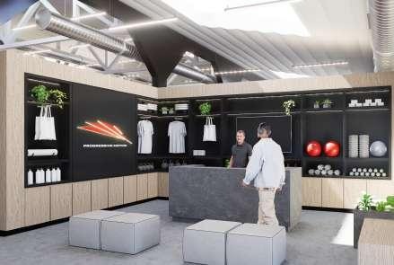 Rendering of community gathering space at Progressive Motion's new facility