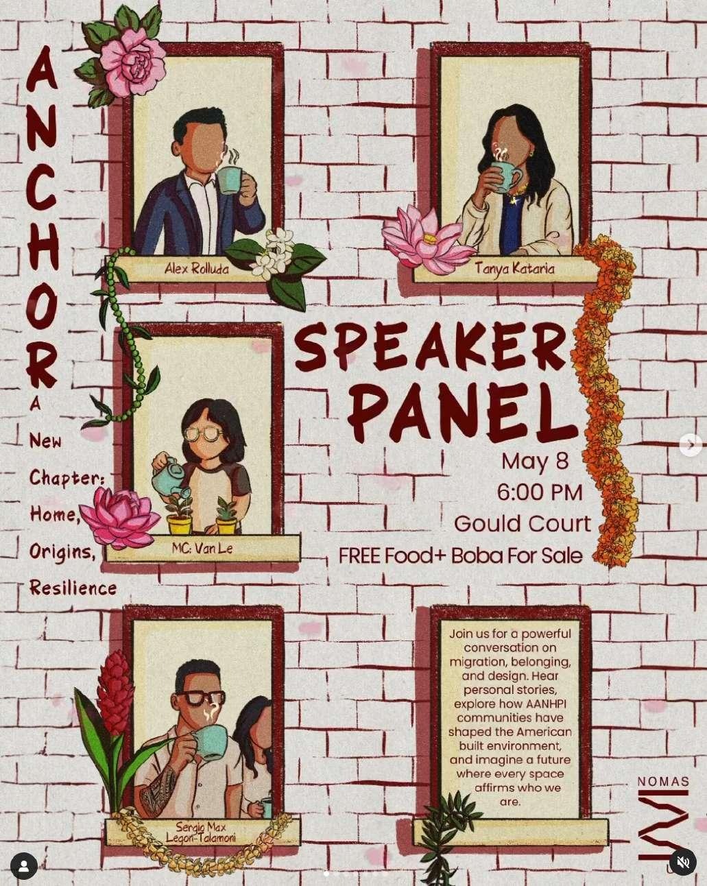 Illustrated 'Anchor Speaker Panel' event graphic showing four illustrated portraits of speakers Alex Rolluda, Tanya Kataria, MC Van Le, and Sergio Max Legon-Talamoni against a brick wall background with floral accents, event details for May 8 at Gould Court, and the NOMAS logo