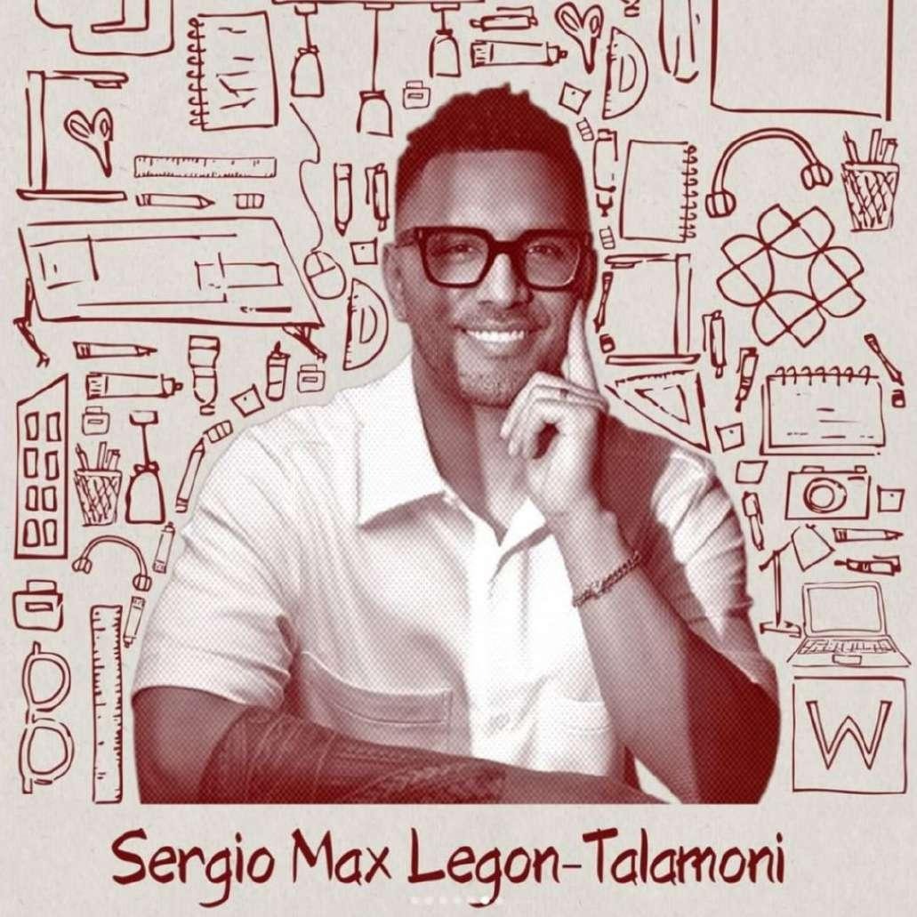 Illustrated portrait of Sergio Max Legon-Talamoni smiling with his chin resting on his hand, surrounded by hand-drawn design and architecture icons like drafting tools, a laptop, and a camera