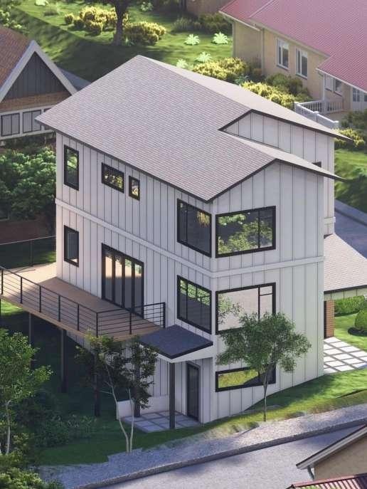 Architectural rendering of a modern three-story home with light-colored vertical siding, black-framed windows, a covered deck, and landscaped surroundings