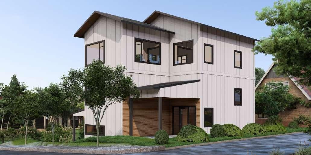 Architectural rendering of a modern two-story home with white board-and-batten siding, black-framed windows, a dark shed roof, and a wood-accented garage, set on a landscaped corner lot