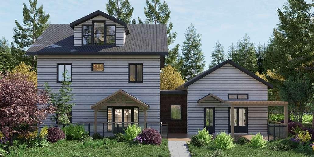 Architectural rendering of a two-story farmhouse-style main home with gray horizontal siding connected to a smaller single-story ADU with matching siding, surrounded by trees and garden landscaping
