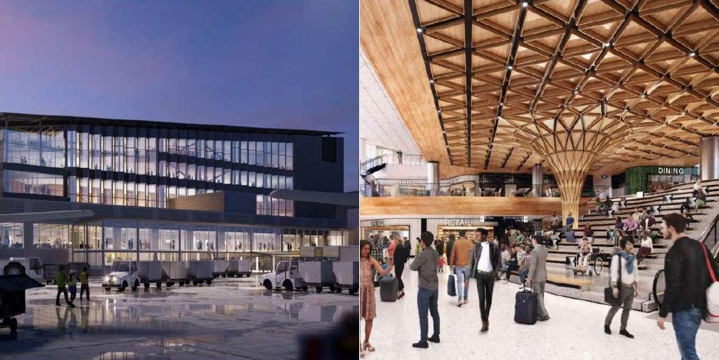 Two-panel image showing an exterior rendering of a modern glass building at dusk on the left, and an interior rendering of a bright airport dining concourse with a wood-lattice ceiling on the right