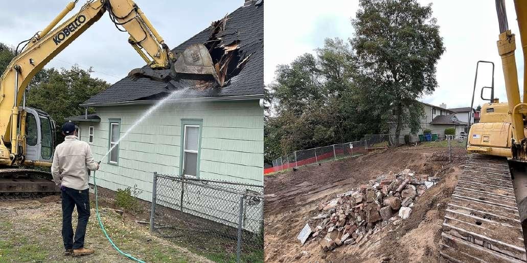 Two-panel image showing a person hosing down a partially demolished green house with an excavator on the left, and a cleared lot with an excavator and stacked debris on the right, documenting the Palomo Residence demolition