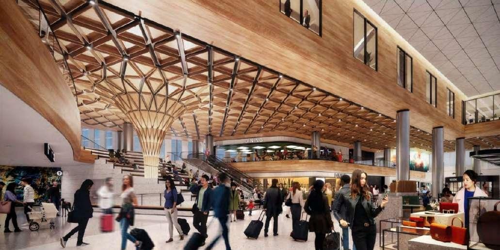 Interior rendering of Sea-Tac Airport's expanded C Concourse, showing travelers walking through a bright terminal with a curved wood-lattice ceiling and a two-story dining and retail area
