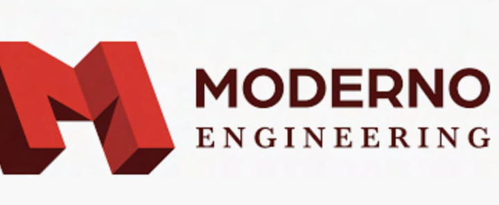 Moderno Engineering company logo with a red 3D letter M