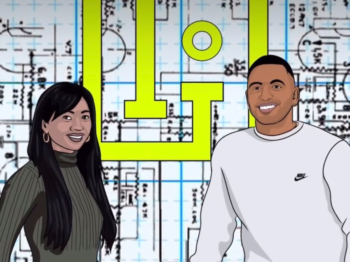 Cartoon-style illustration of a woman and man standing in front of a large lime green 'LU' logo over a blueprint-patterned background