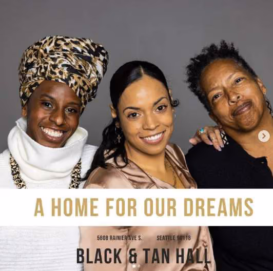 Promotional graphic reading 'A Home For Our Dreams — Black & Tan Hall,' with three people smiling above the text