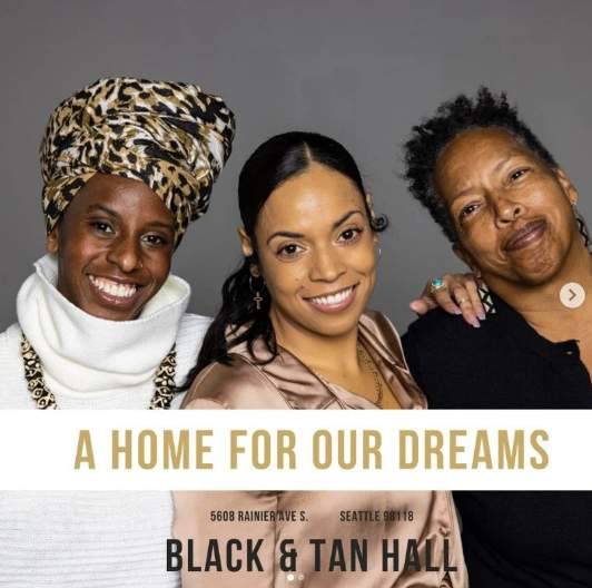 Promotional graphic reading 'A Home For Our Dreams — Black & Tan Hall,' with three people smiling above the text