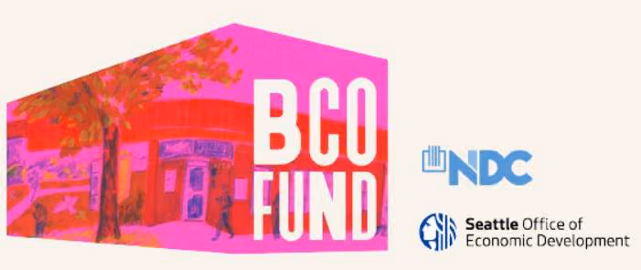 Colorful illustrated graphic of a building with bold text reading 'BCO Fund,' alongside NDC and Seattle Office of Economic Development logos
