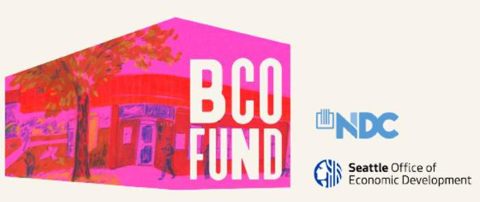 Colorful illustrated graphic of a building with bold text reading 'BCO Fund,' alongside NDC and Seattle Office of Economic Development logos
