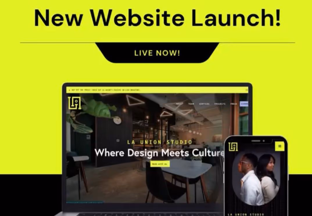 Promotional graphic reading "New Website Launch! Live Now!" showing the new website on a laptop and phone against a lime green background