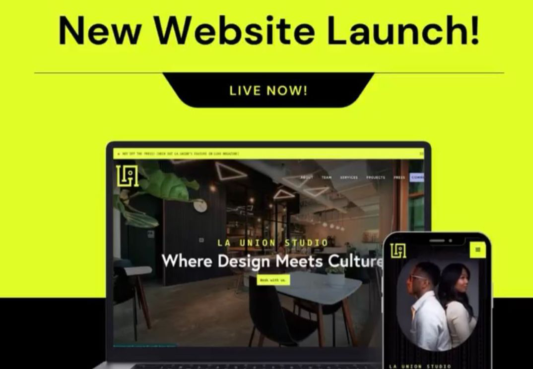 Promotional graphic reading "New Website Launch! Live Now!" showing the new website on a laptop and phone against a lime green background
