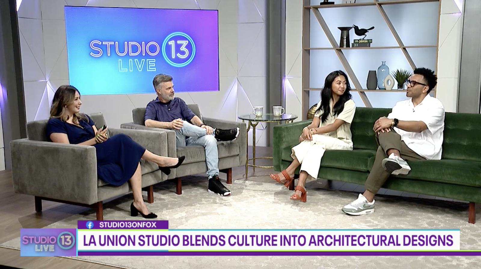 Fox Studio 13 Live interview set with four people seated on couches, on-screen graphic reading "La Union Studio blends culture into architectural designs"