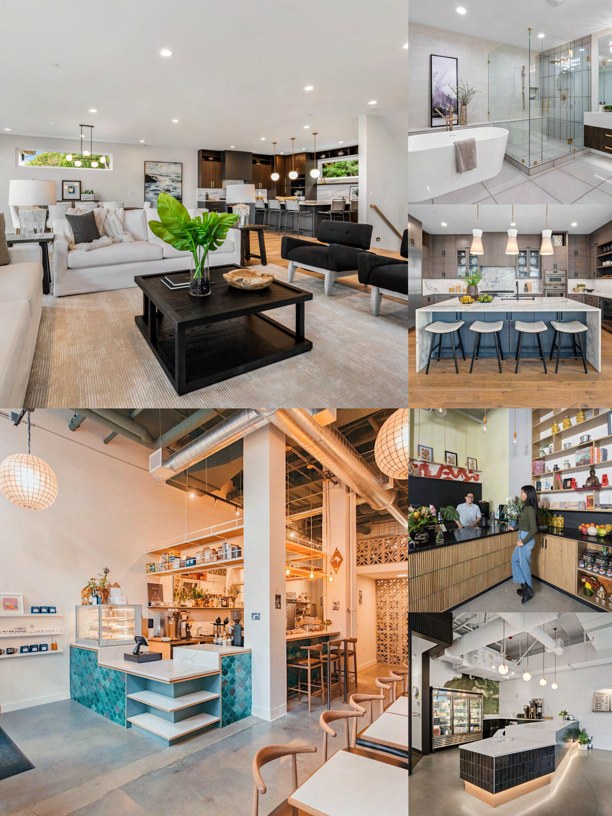A four-panel collage of completed La Union Studio interiors: a neutral-toned living room, a kitchen with a marble island and bar stools, a cafe with woven pendant lights, and a retail shop with a tiled service counter.