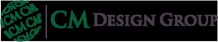 The CM Design Group logo: a circular monogram of repeated CM lettering beside the firm name set in a dark green serif typeface.