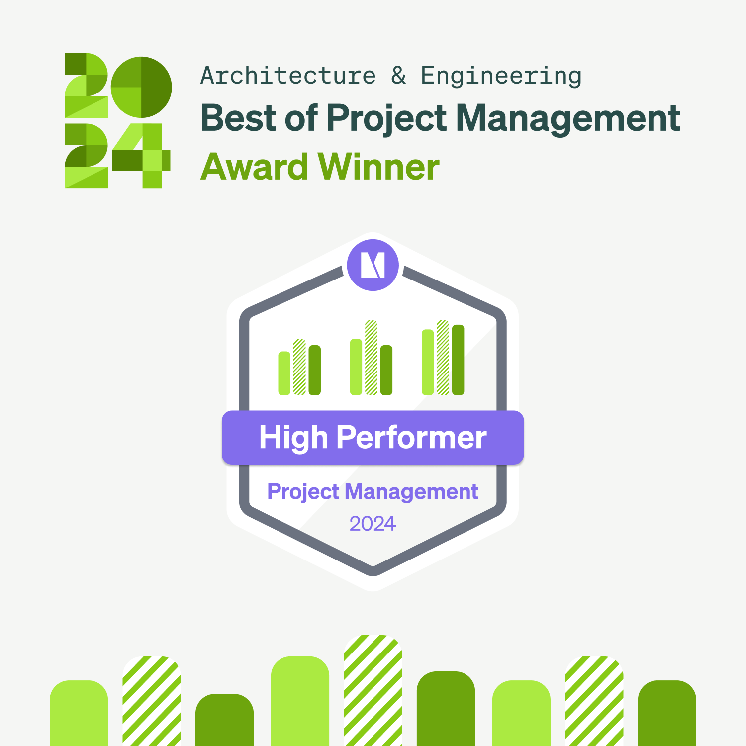 An award graphic reading Architecture and Engineering, Best of Project Management Award Winner 2024, with a hexagonal High Performer Project Management badge in purple and green.