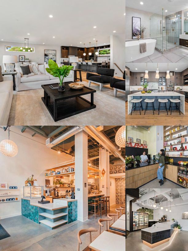 A multi-panel collage of completed La Union Studio interiors: a neutral-toned living room, a kitchen with a marble island and bar stools, a cafe with woven pendant lights and a tiled counter, and a retail shop with product shelving.