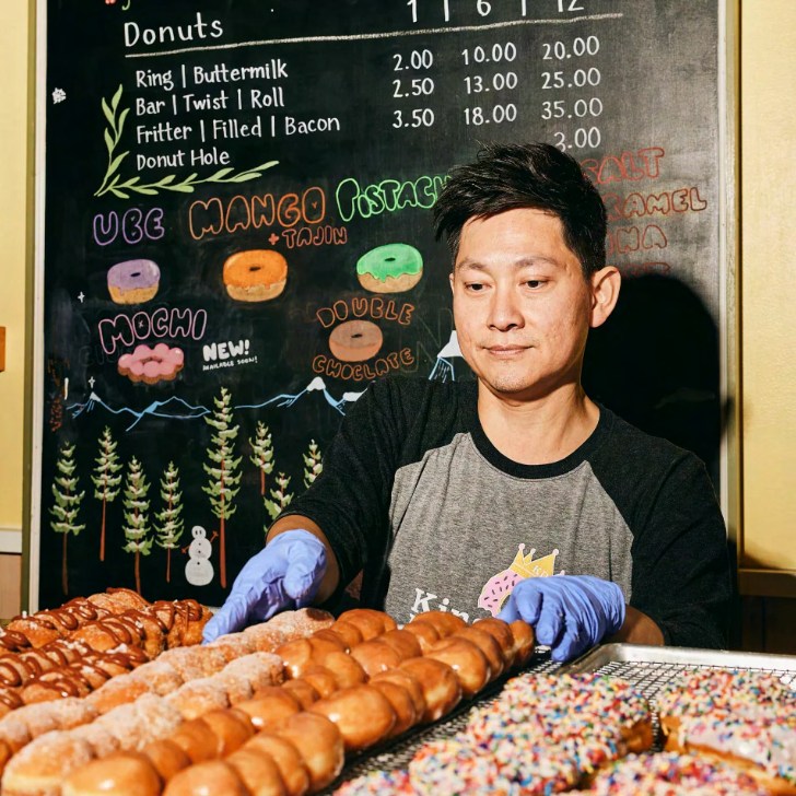 Hong Chhuor standing behind a tray of freshly made donuts at King Donuts, wearing purple food-service gloves, with a hand-drawn chalkboard menu of donut illustrations and prices on the wall behind him.