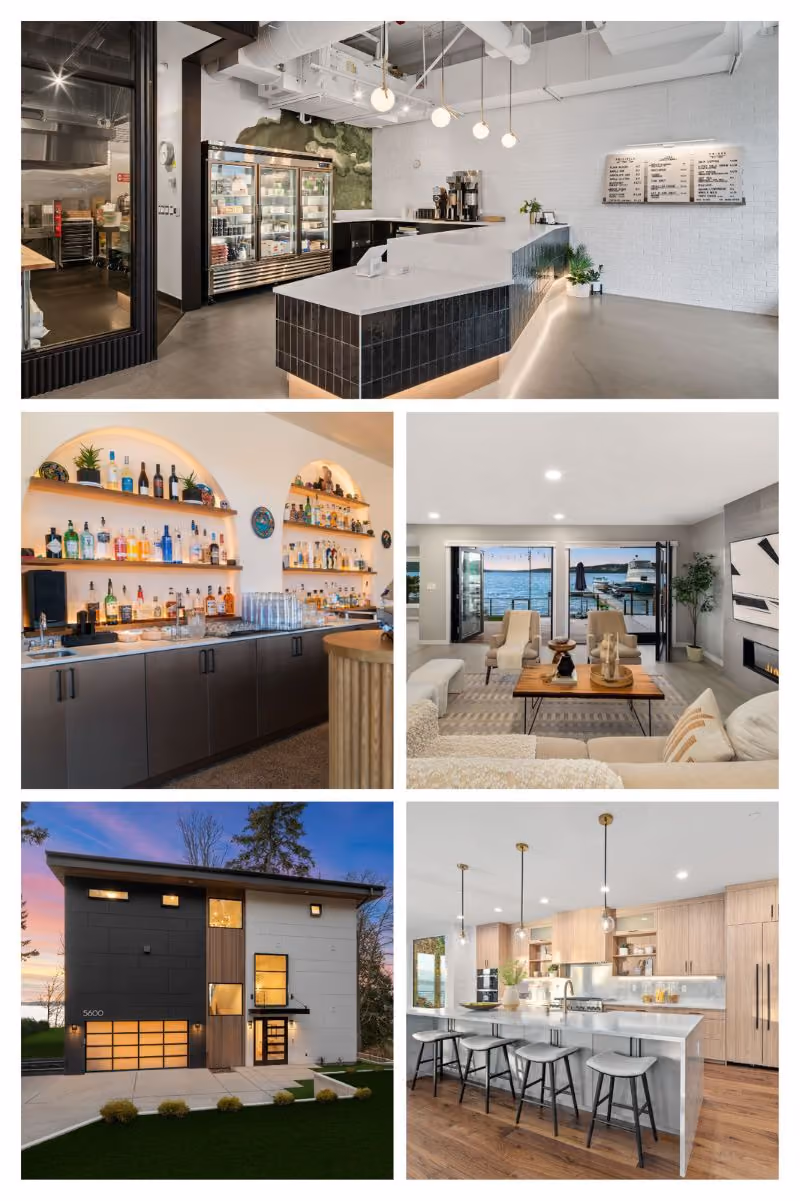A five-panel collage of completed La Union Studio projects: a bakery counter in dark tile with a glass display case, a bar with an arched backlit shelf of bottles, a living room with a water view, a modern home exterior glowing at dusk, and a kitchen with a marble island and bar stools.