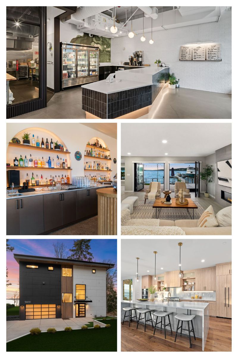 A five-panel collage of completed La Union Studio projects: a bakery counter in dark tile with a glass display case, a bar with an arched backlit shelf of bottles, a living room with a water view, a modern home exterior glowing at dusk, and a kitchen with a marble island and bar stools.