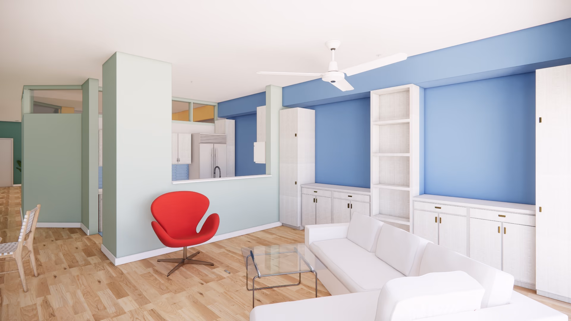 Interior rendering of the Florentine Condo remodel showing an open living and kitchen area with sage green walls, a blue accent wall, white built-in cabinetry, a red modern accent chair, and a white sectional sofa