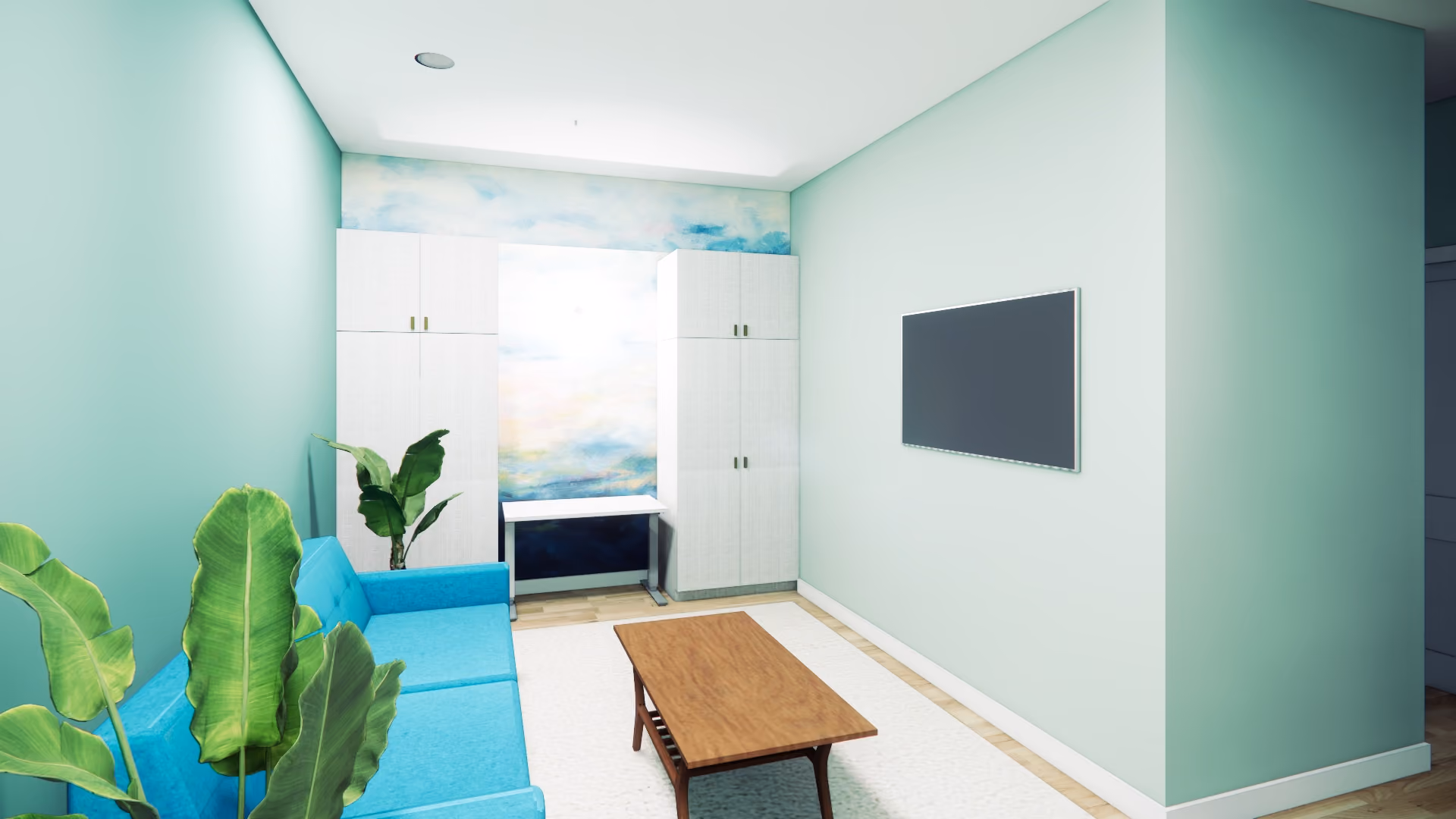 Interior rendering of a small sitting room in the Florentine Condo remodel with mint green walls, a teal velvet sofa, an abstract watercolor-style wall mural, and white built-in cabinetry
