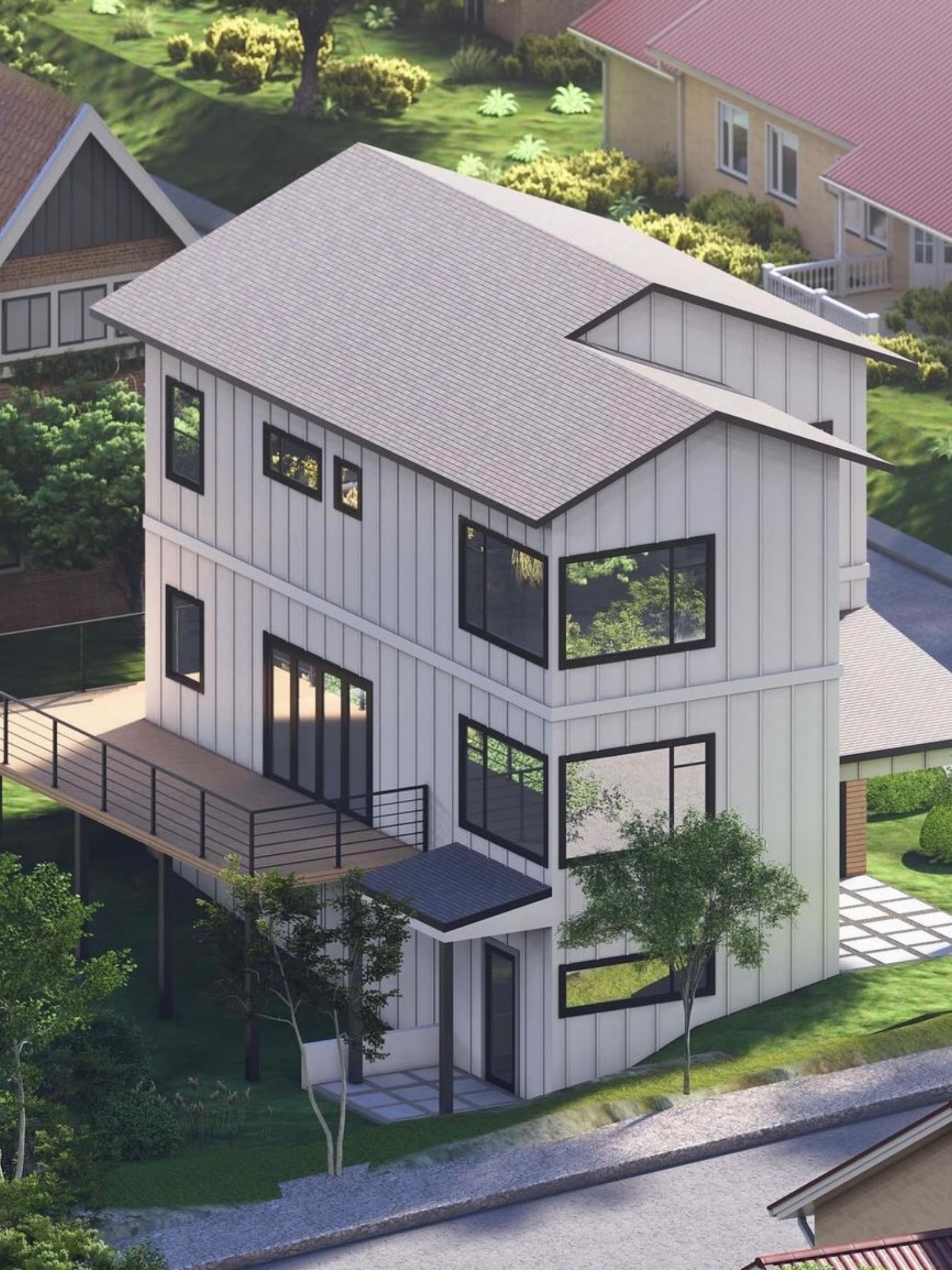 Architectural rendering of a modern three-story home with light-colored vertical siding, black-framed windows, a covered deck, and landscaped surroundings