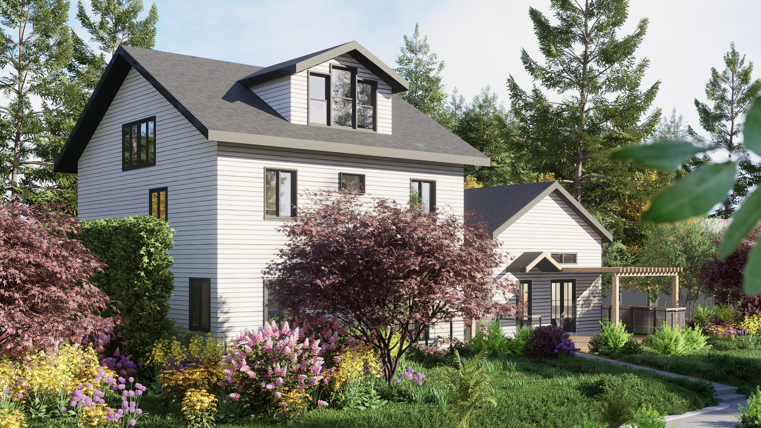 Rendering of a farmhouse-style ADU with gable roof and garden landscaping