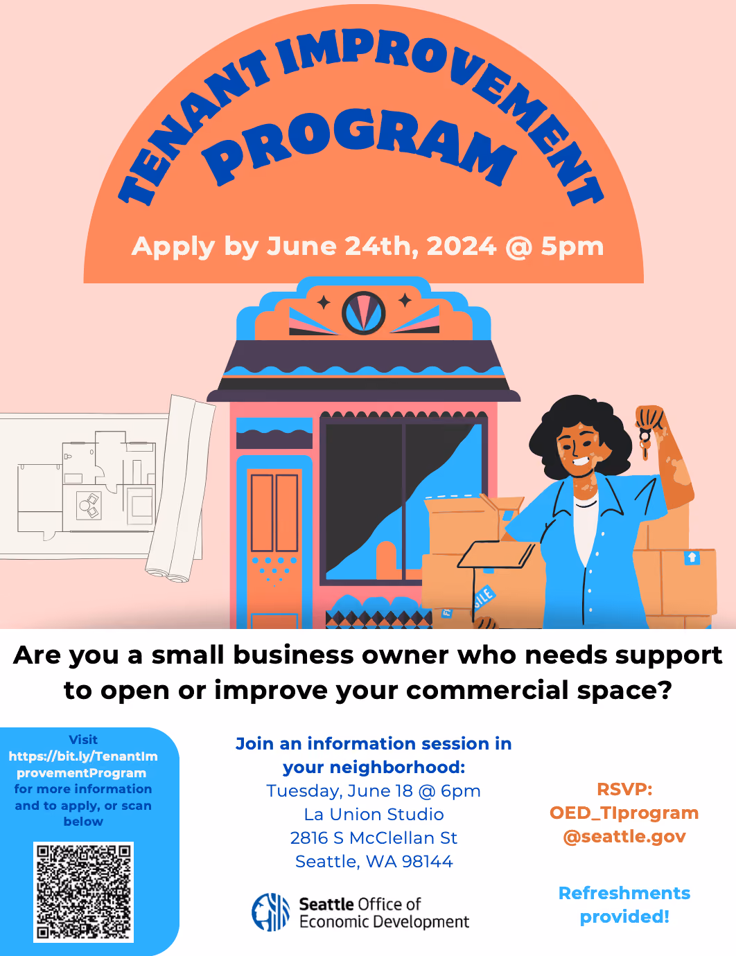 Illustrated flyer for Seattle's Tenant Improvement Program, "Apply by June 24th, 2024"