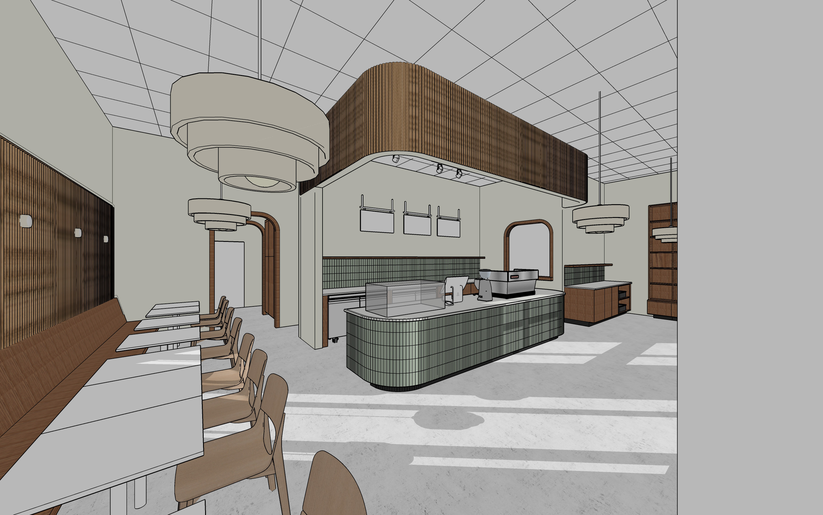 Two 3D renderings of the Ayala Coffee interior with wood paneling, pendant lighting, and service counter