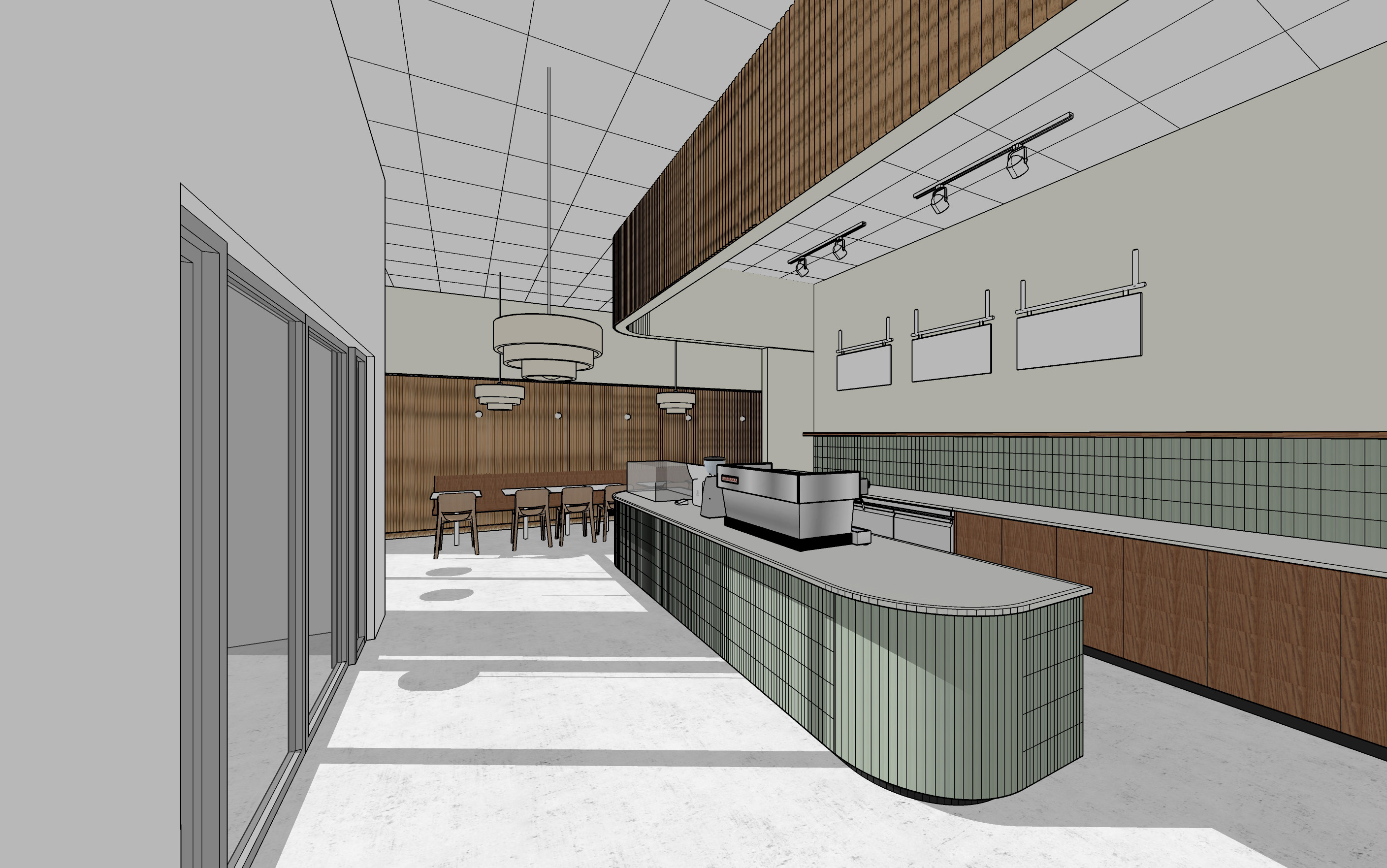 Two 3D renderings of the Ayala Coffee interior with wood paneling, pendant lighting, and service counter