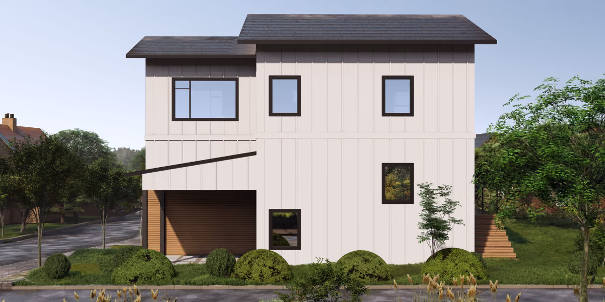 Architectural rendering of a modern two-story home with white board-and-batten siding, black-framed windows, a dark shed roof, and a wood-accented garage, set on a landscaped corner lot