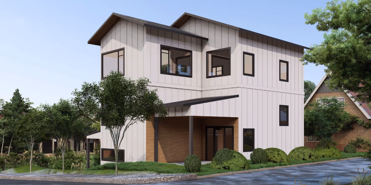 Architectural rendering of a modern two-story home with white board-and-batten siding, black-framed windows, a dark shed roof, and a wood-accented garage, set on a landscaped corner lot